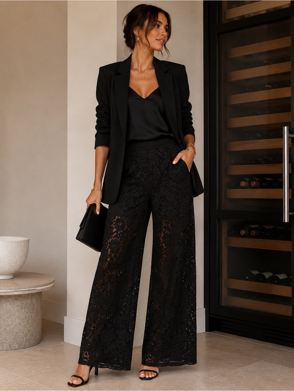 SILQUEE Black Floral Lace Wide Leg Pants Size M NWT Sheer Overlay